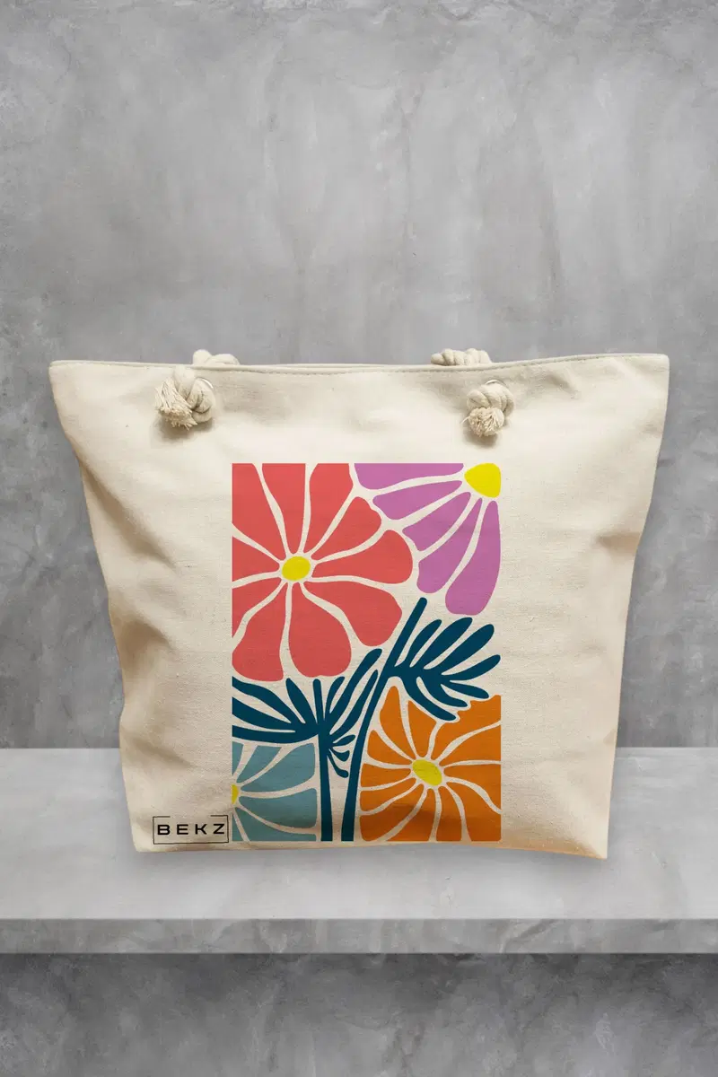 Geanta de Plaja Canvas Tote pentru femei Boho Style 11, 40x51 cm, Bej, BEKZ®