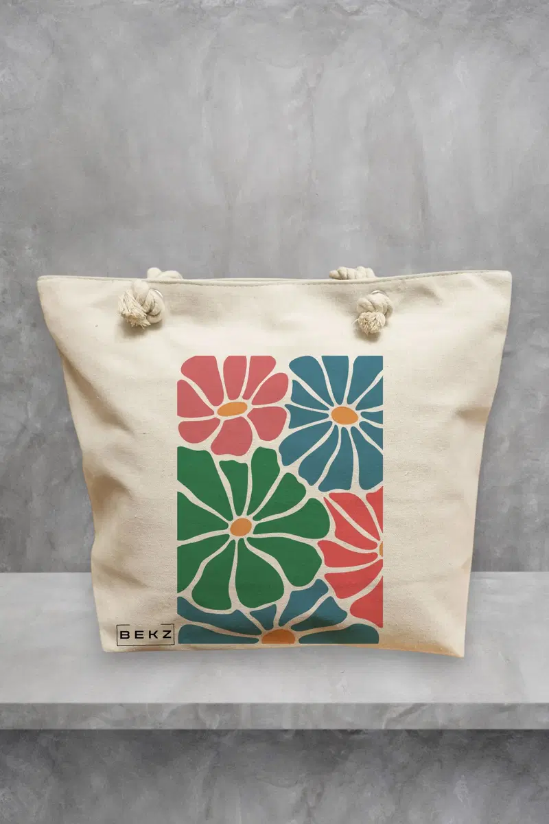 Geanta de Plaja Canvas Tote pentru femei Boho Style 12, 40x51 cm, Bej, BEKZ®