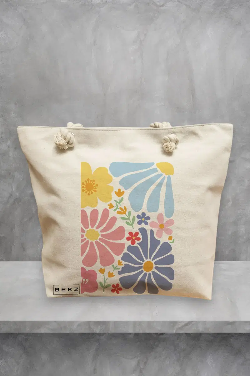 Geanta de Plaja Canvas Tote pentru femei Boho Style 13, 40x51 cm, Bej, BEKZ®