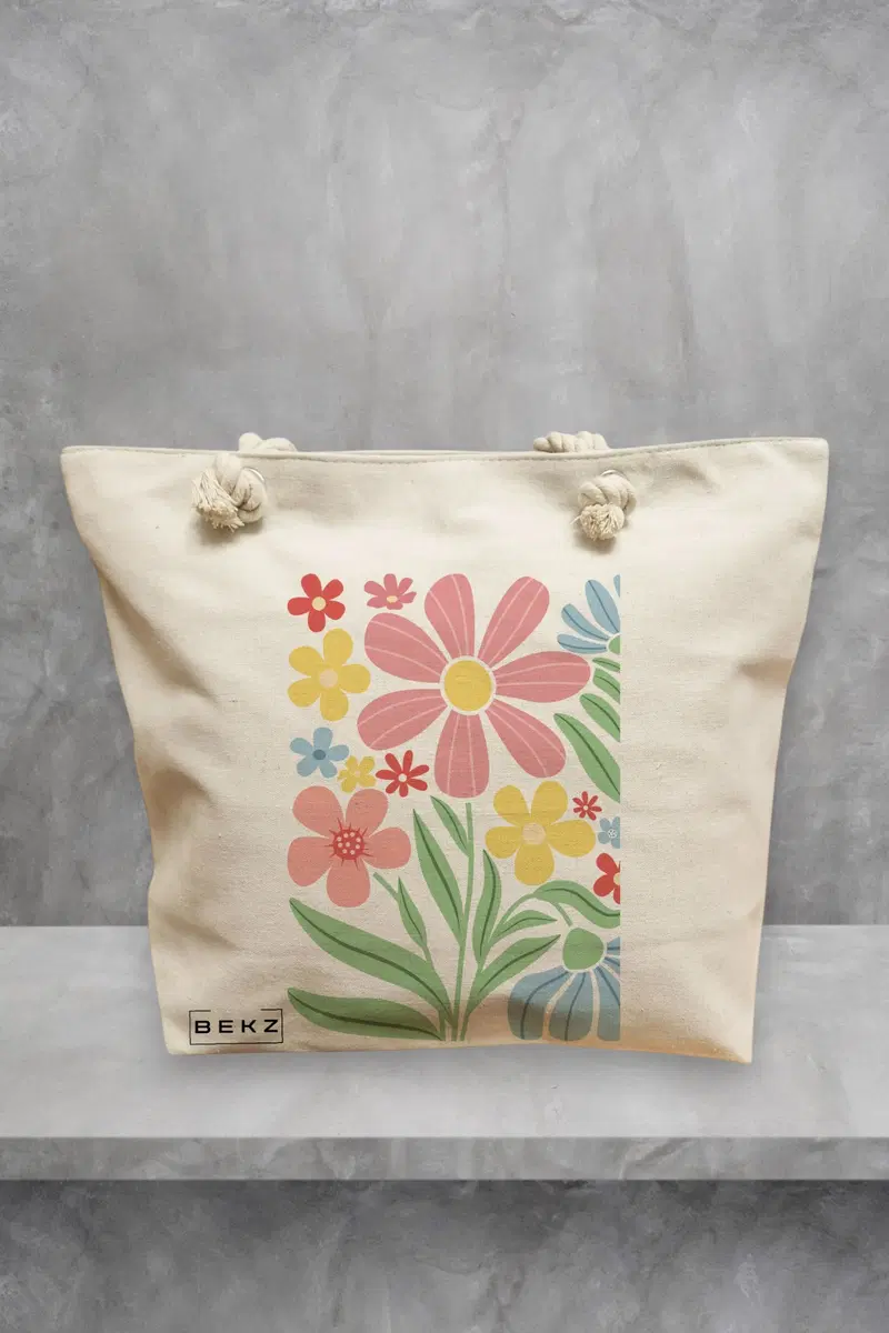 Geanta de Plaja Canvas Tote pentru femei Boho Style 14, 40x51 cm, Bej, BEKZ®