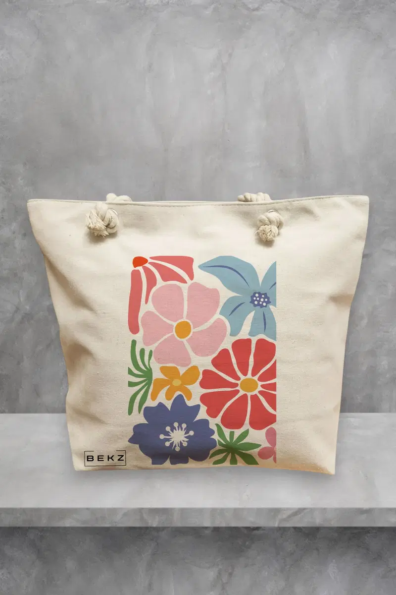 Geanta de Plaja Canvas Tote pentru femei Boho Style 15, 40x51 cm, Bej, BEKZ®