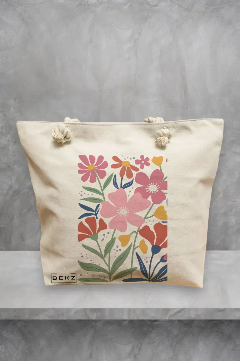 Geanta de Plaja Canvas Tote pentru femei Boho Style 16, 40x51 cm, Bej, BEKZ®