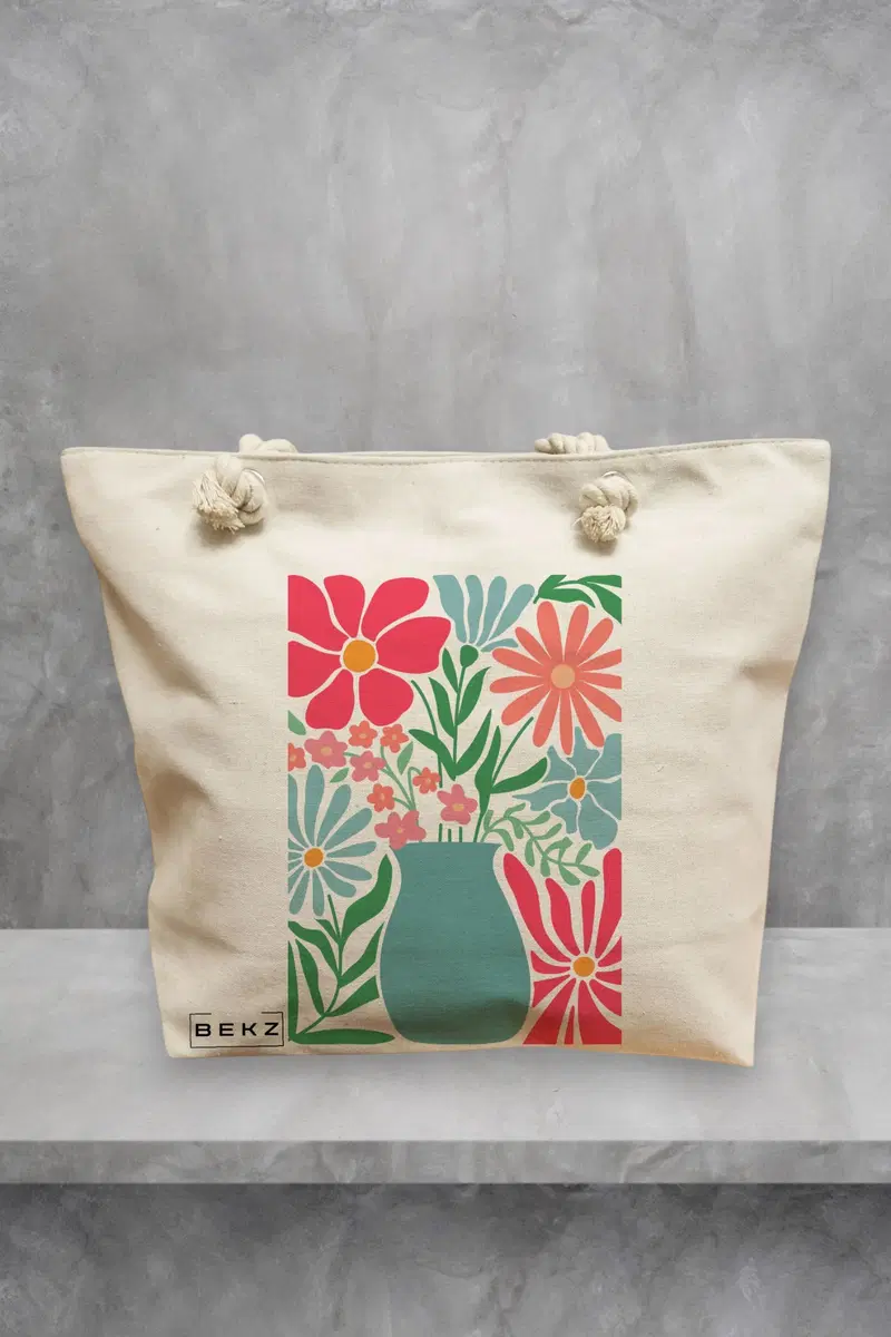 Geanta de Plaja Canvas Tote pentru femei Boho Style 17, 40x51 cm, Bej, BEKZ®