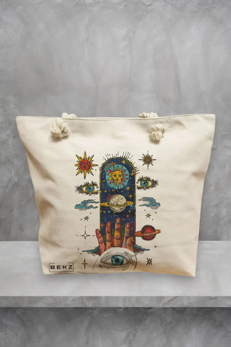 Geanta de Plaja Canvas Tote pentru femei Energy Mood, 40x51 cm, Bej, BEKZ®
