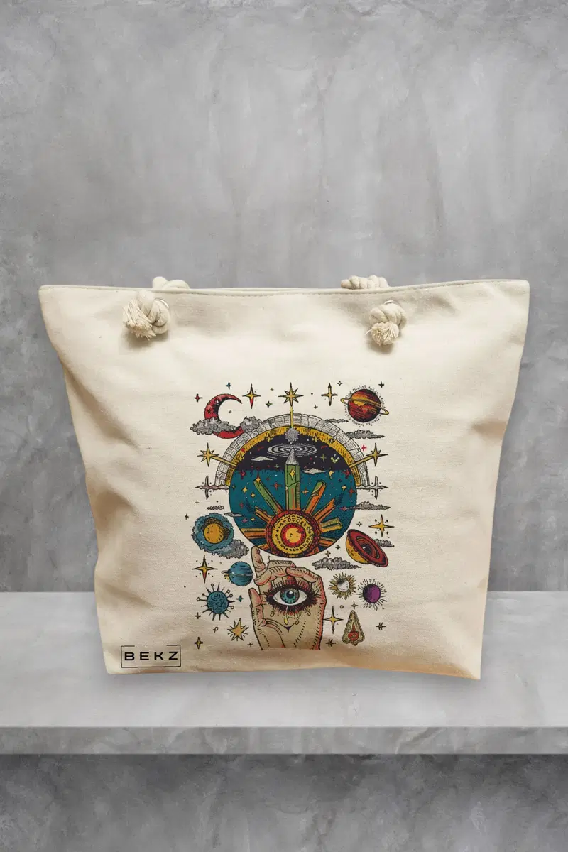 Geanta de Plaja Canvas Tote pentru femei Energy Mood 2, 40x51 cm, Bej, BEKZ®