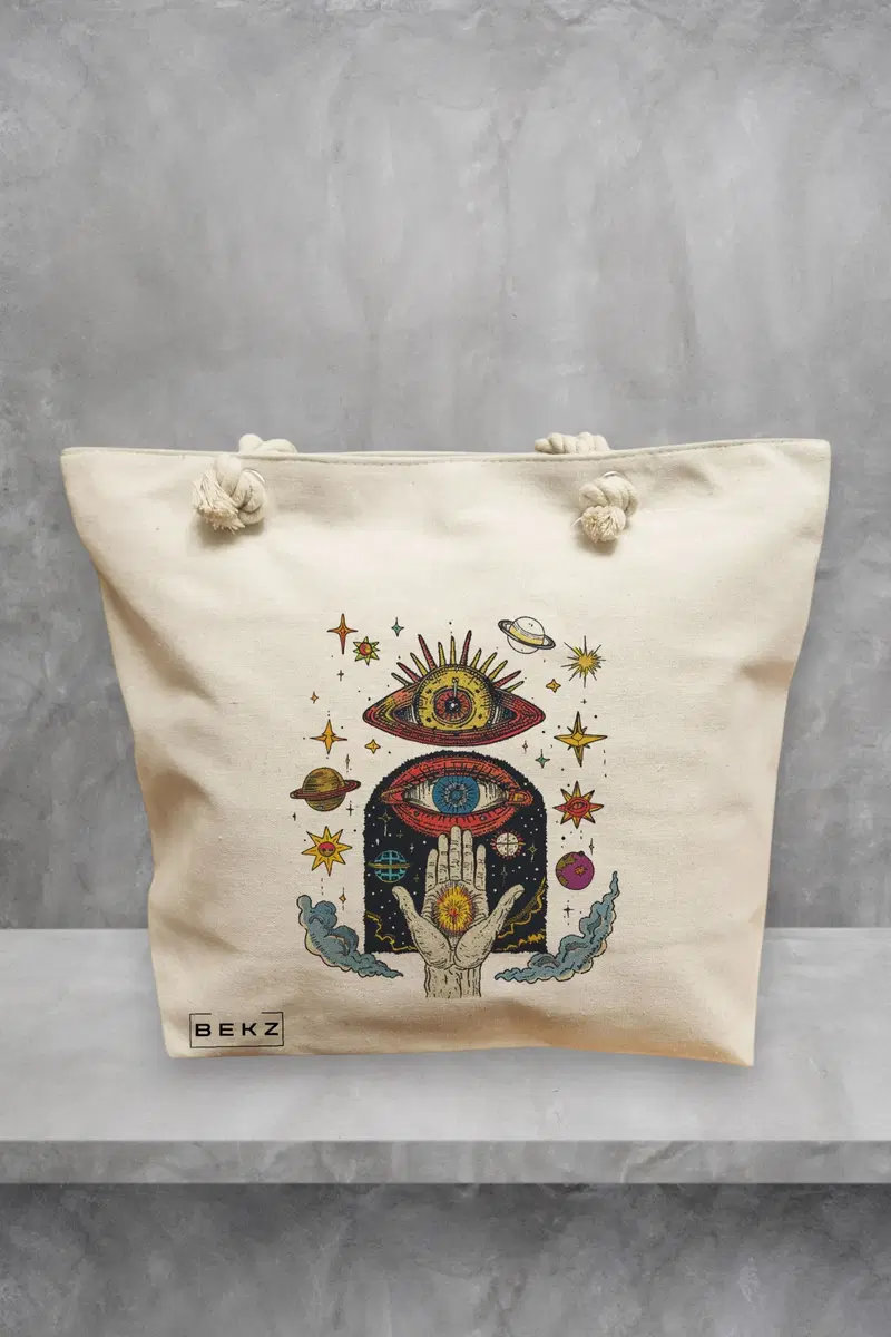Geanta de Plaja Canvas Tote pentru femei Energy Mood 3, 40x51 cm, Bej, BEKZ®