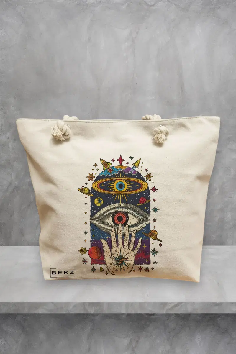 Geanta de Plaja Canvas Tote pentru femei Energy Mood 4, 40x51 cm, Bej, BEKZ®