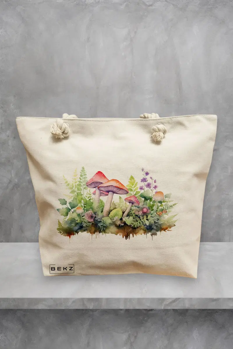 Geanta de Plaja Canvas Tote pentru femei Colorful Mushrooms 11, 40x51 cm, Bej, BEKZ®