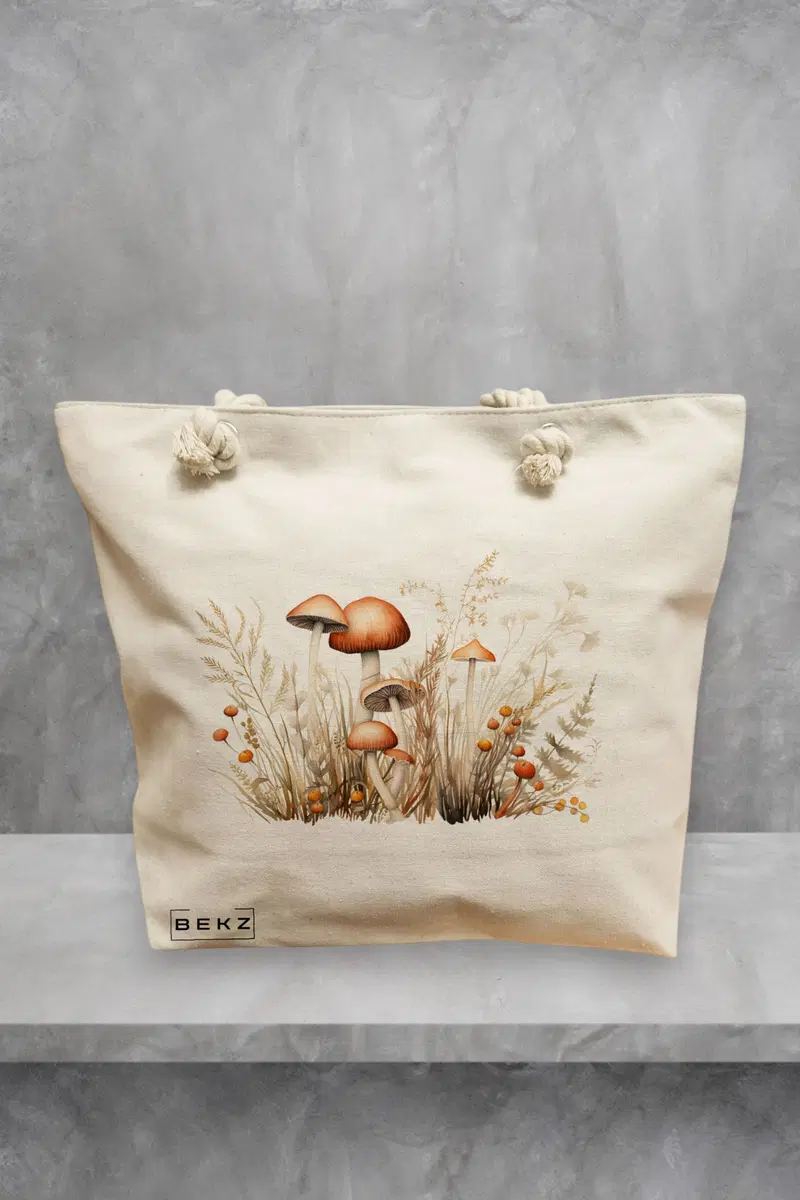 Geanta de Plaja Canvas Tote pentru femei Colorful Mushrooms 12, 40x51 cm, Bej, BEKZ®