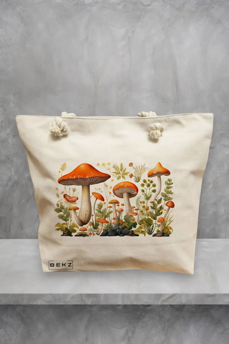 Geanta de Plaja Canvas Tote pentru femei Colorful Mushrooms 13, 40x51 cm, Bej, BEKZ®