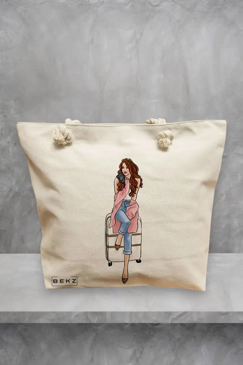 Geanta de Plaja Canvas Tote pentru femei Travel Girl, 40x51 cm, Bej, BEKZ®