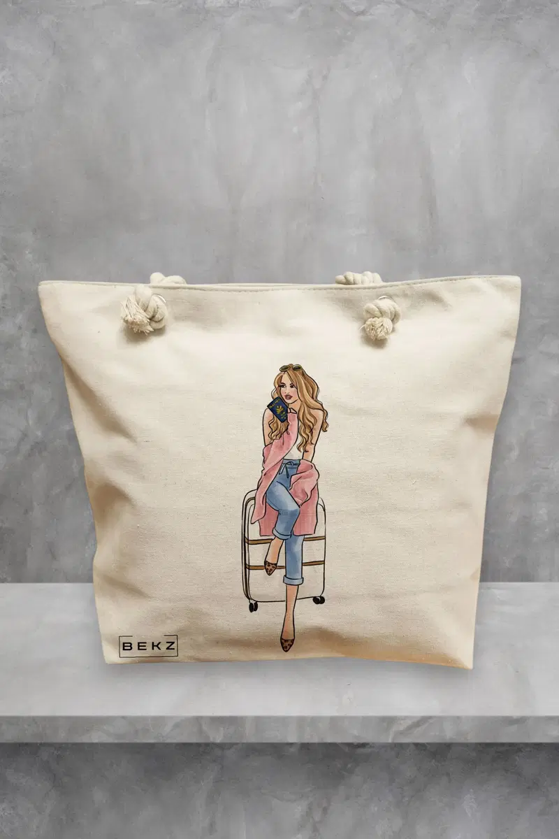 Geanta de Plaja Canvas Tote pentru femei Travel Girl 2, 40x51 cm, Bej, BEKZ®