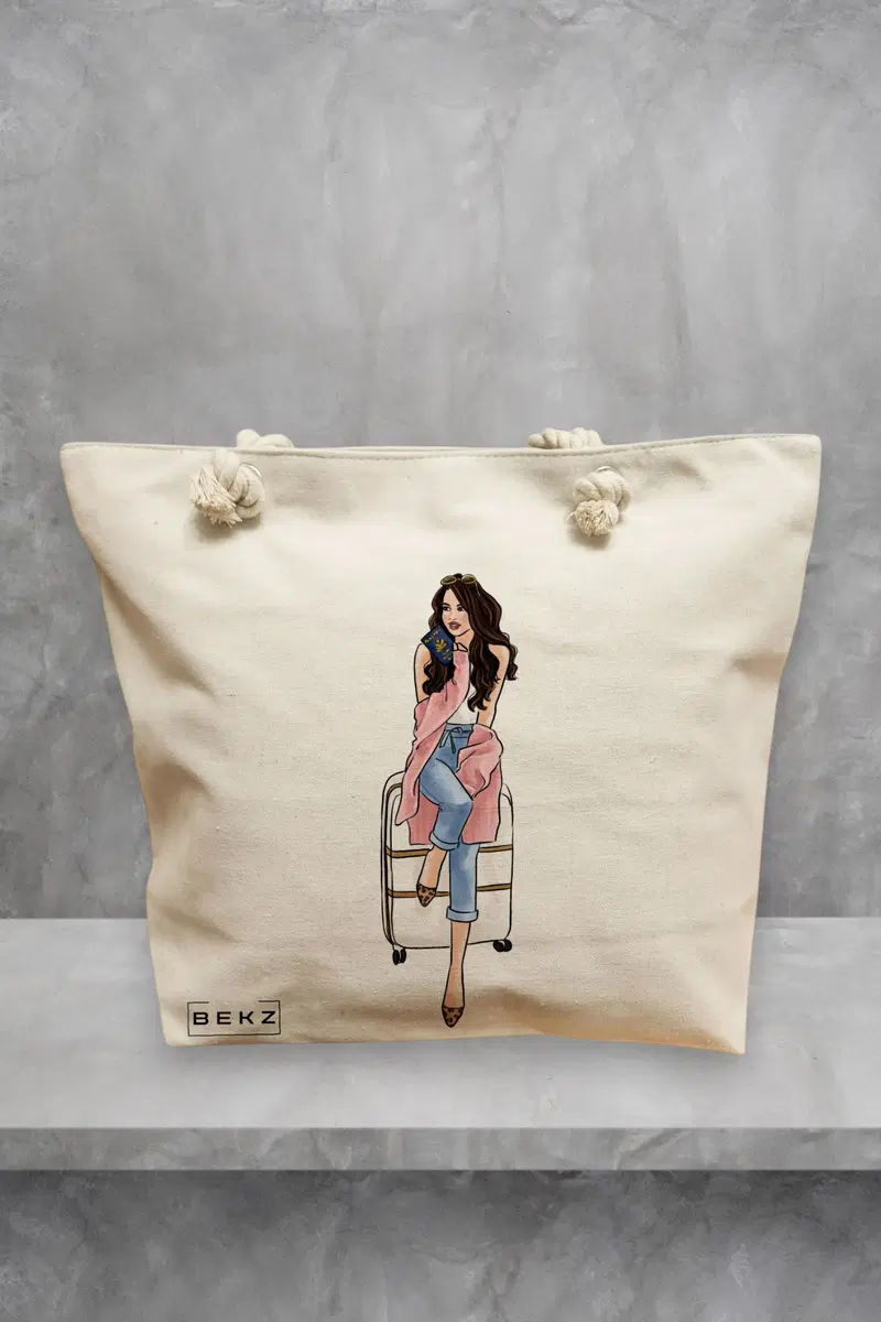 Geanta de Plaja Canvas Tote pentru femei Travel Girl 3, 40x51 cm, Bej, BEKZ®