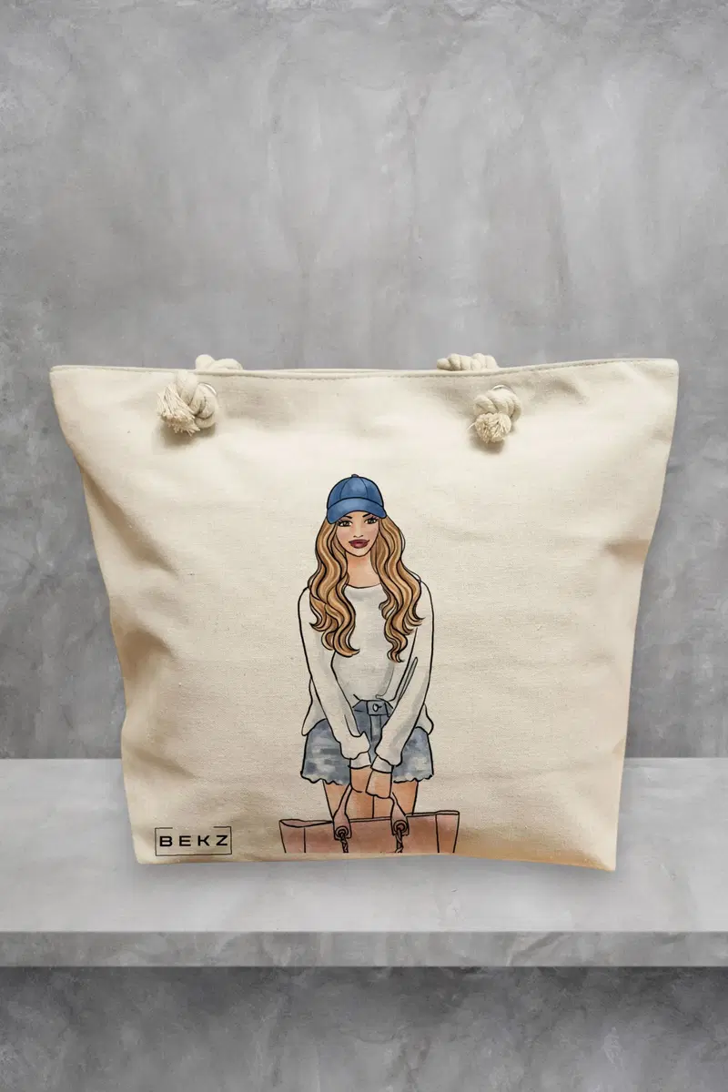 Geanta de Plaja Canvas Tote pentru femei Travel Girl 4, 40x51 cm, Bej, BEKZ®