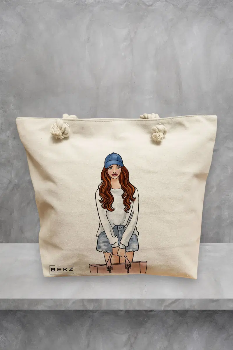 Geanta de Plaja Canvas Tote pentru femei Travel Girl 5, 40x51 cm, Bej, BEKZ®