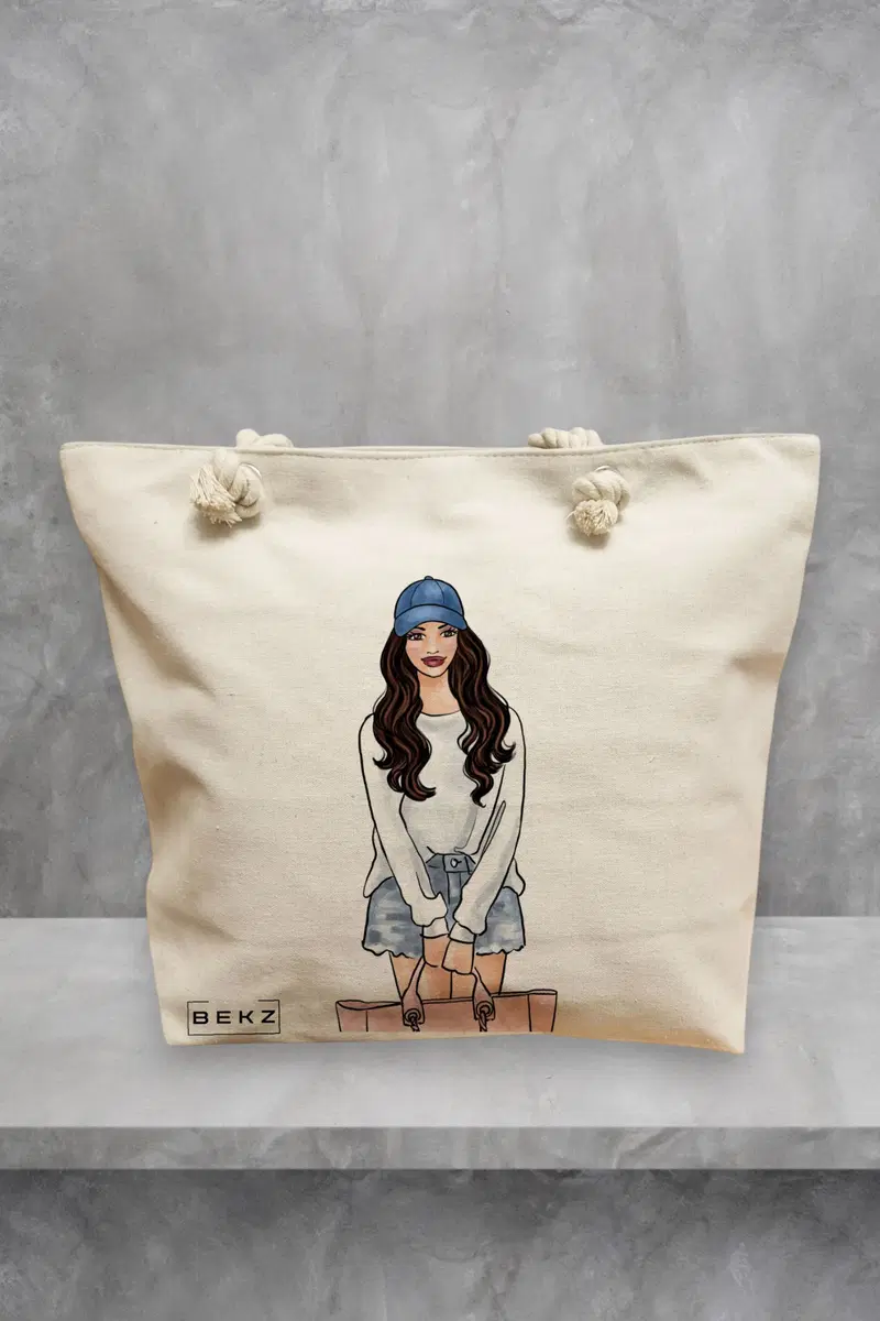 Geanta de Plaja Canvas Tote pentru femei Travel Girl 6, 40x51 cm, Bej, BEKZ®