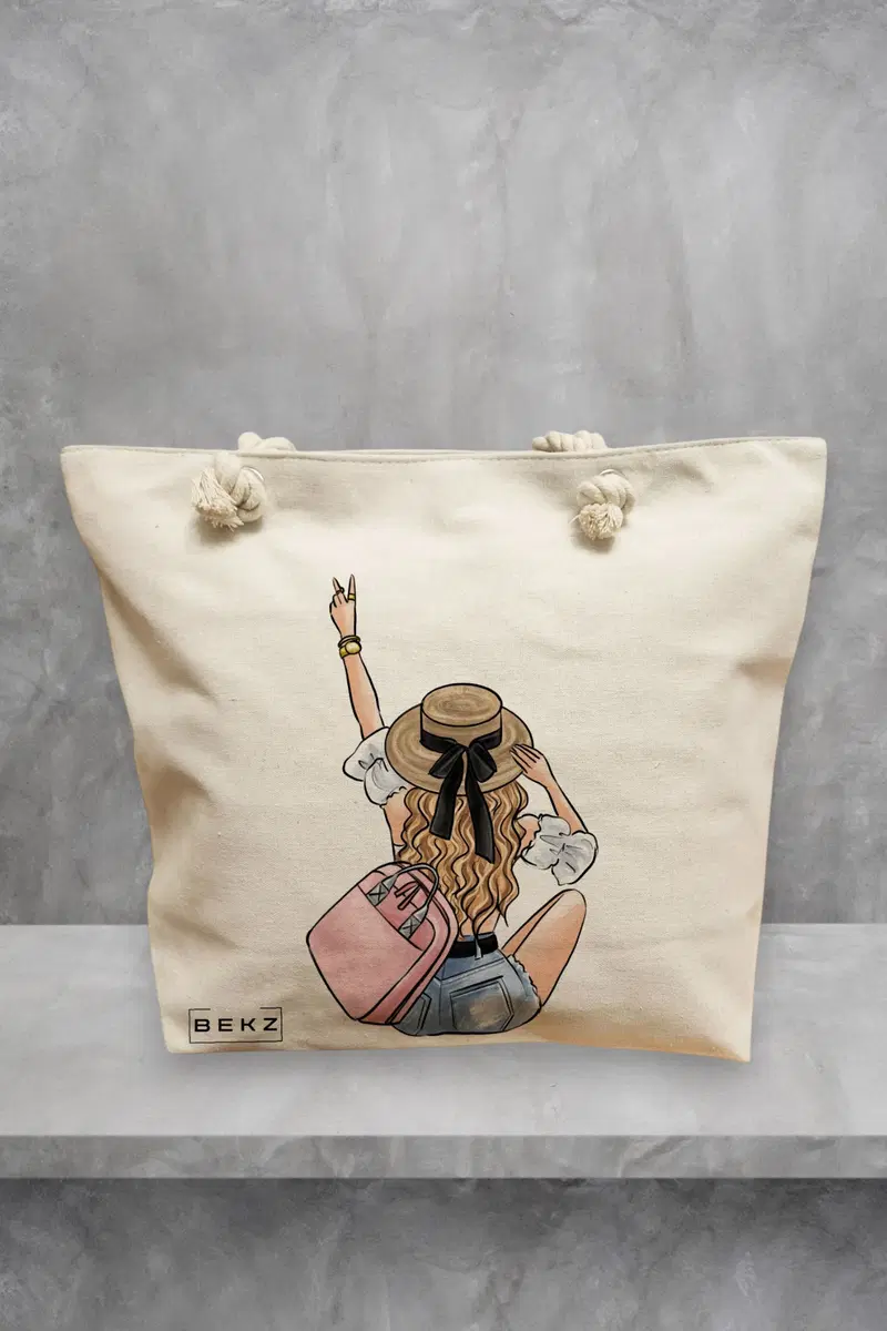 Geanta de Plaja Canvas Tote pentru femei Travel Girl 7, 40x51 cm, Bej, BEKZ®