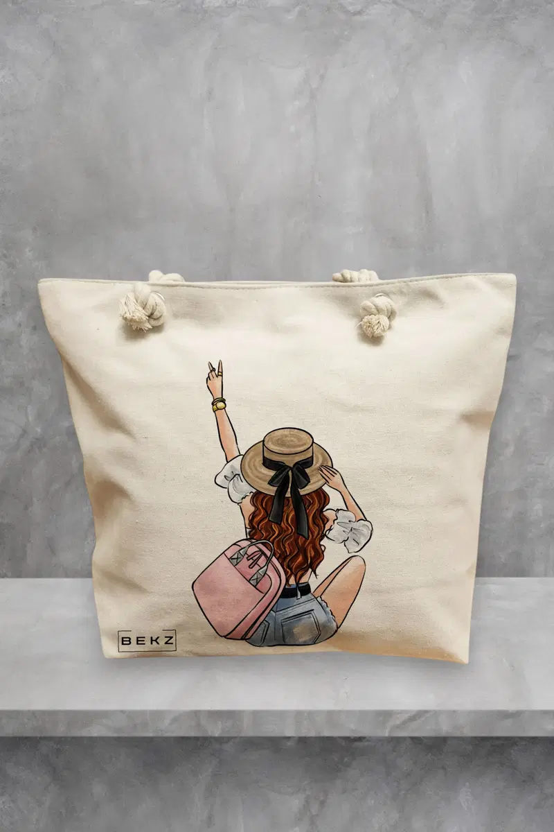 Geanta de Plaja Canvas Tote pentru femei Travel Girl 8, 40x51 cm, Bej, BEKZ®
