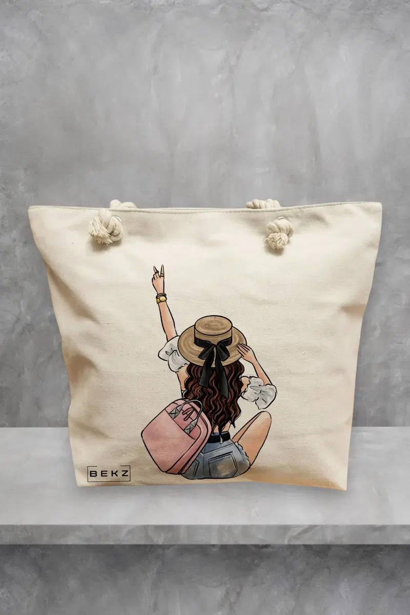 Geanta de Plaja Canvas Tote pentru femei Travel Girl 9, 40x51 cm, Bej, BEKZ®