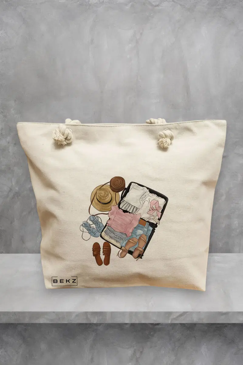 Geanta de Plaja Canvas Tote pentru femei Travel Girl 10, 40x51 cm, Bej, BEKZ®