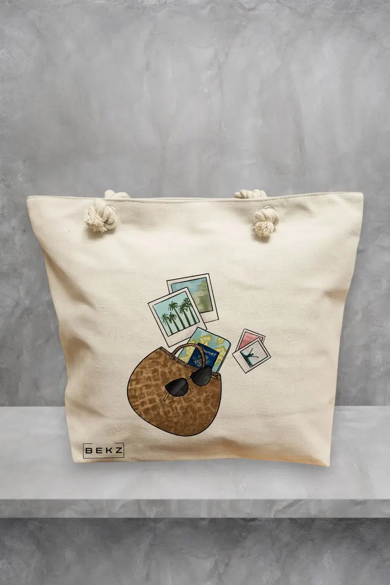 Geanta de Plaja Canvas Tote pentru femei Travel Girl 12, 40x51 cm, Bej, BEKZ®