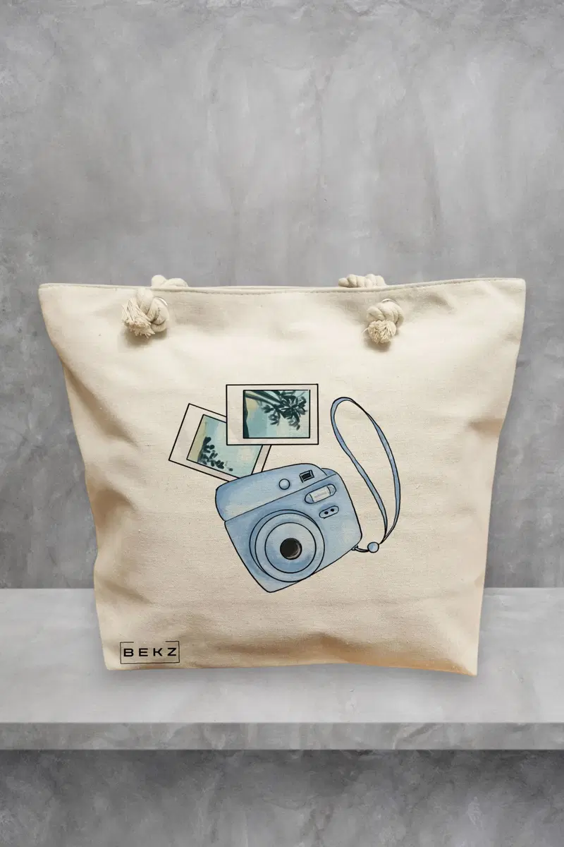 Geanta de Plaja Canvas Tote pentru femei Travel Girl 14, 40x51 cm, Bej, BEKZ®