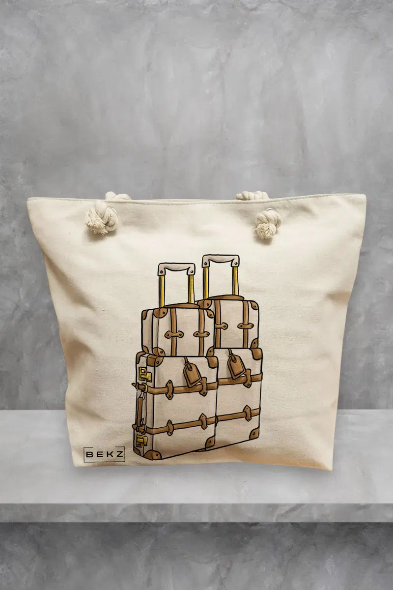 Geanta de Plaja Canvas Tote pentru femei Travel Girl 18, 40x51 cm, Bej, BEKZ®