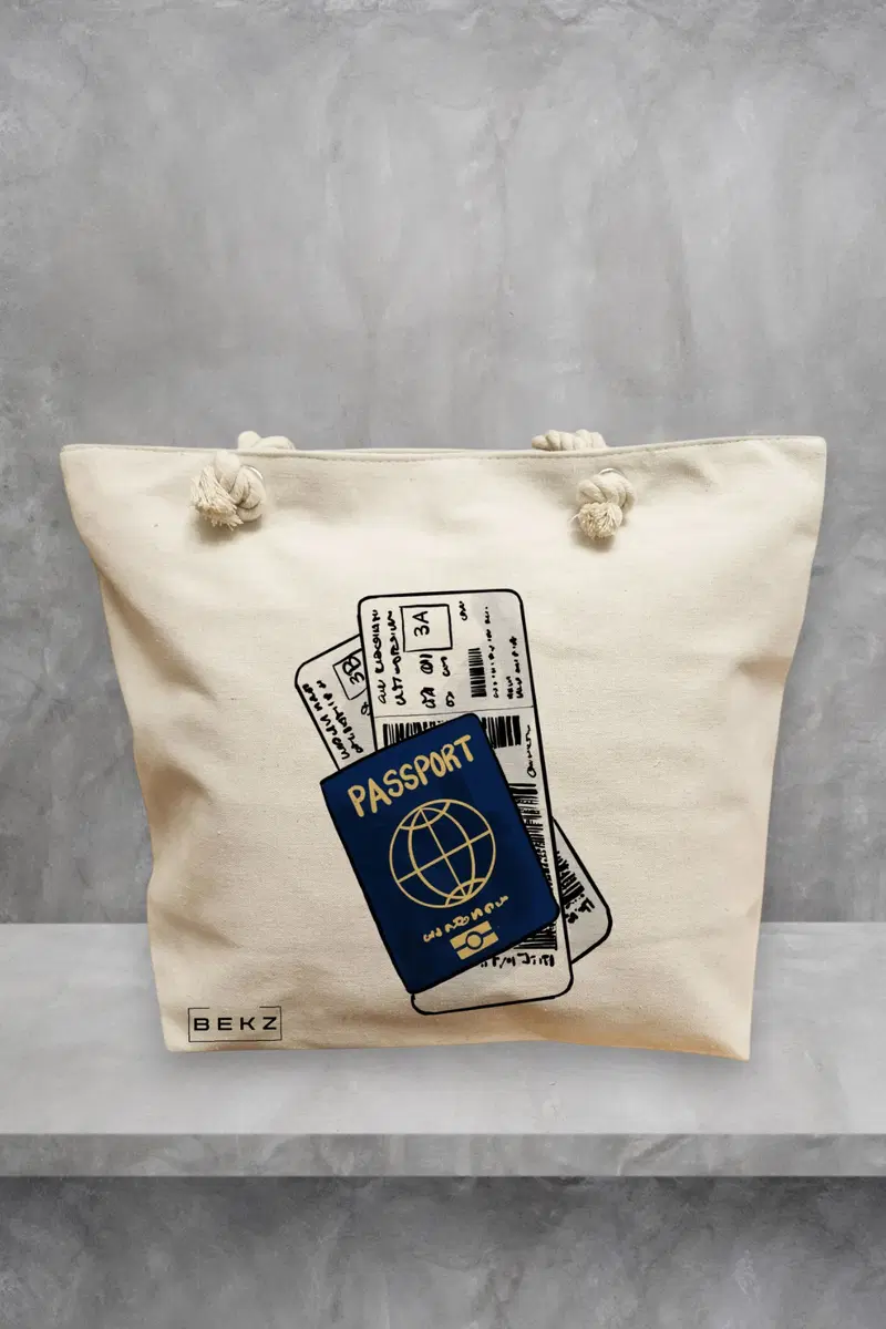 Geanta de Plaja Canvas Tote pentru femei Travel Girl 19, 40x51 cm, Bej, BEKZ®