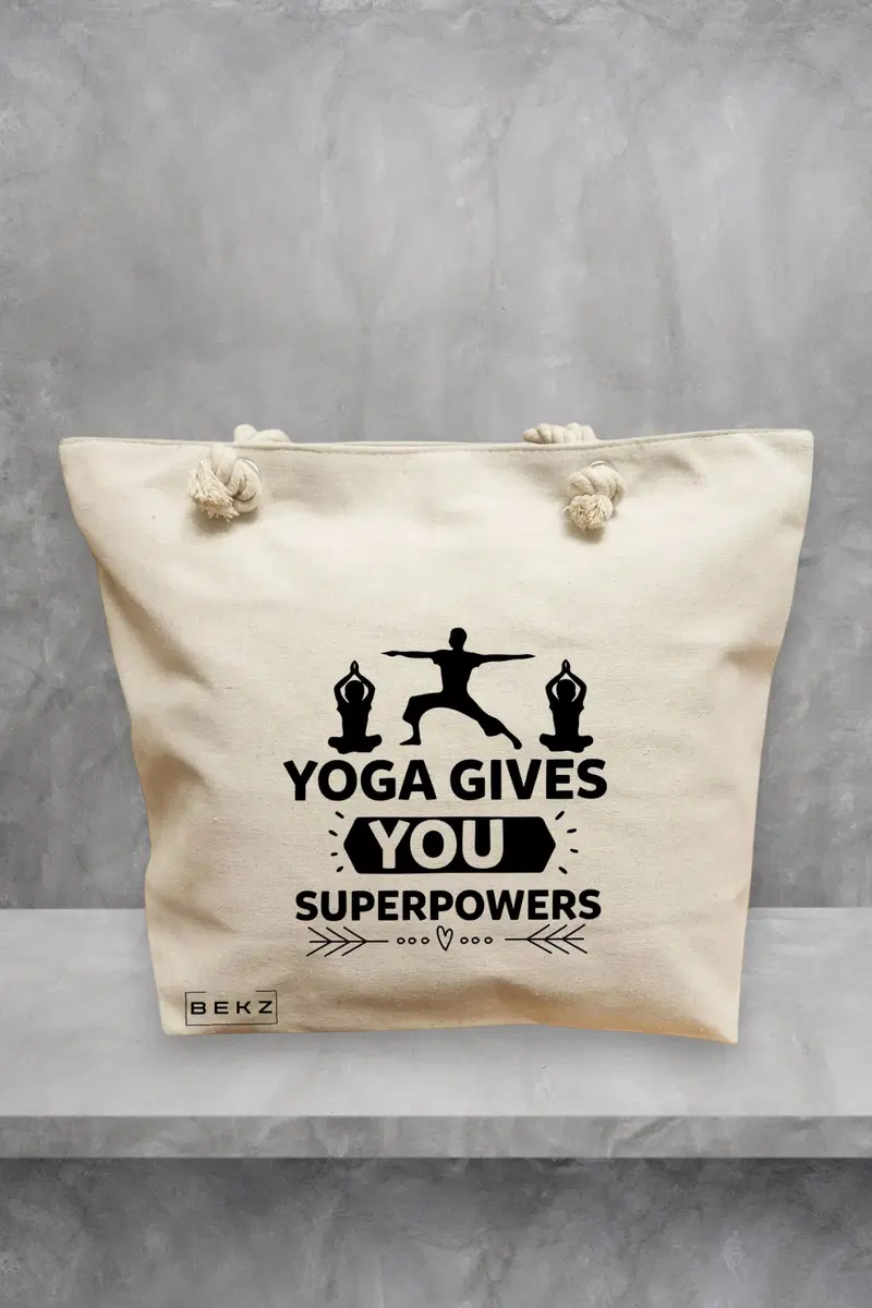 Geanta de Plaja Canvas Tote pentru femei Yoga gives you super powers, 40x51 cm, Bej, BEKZ®