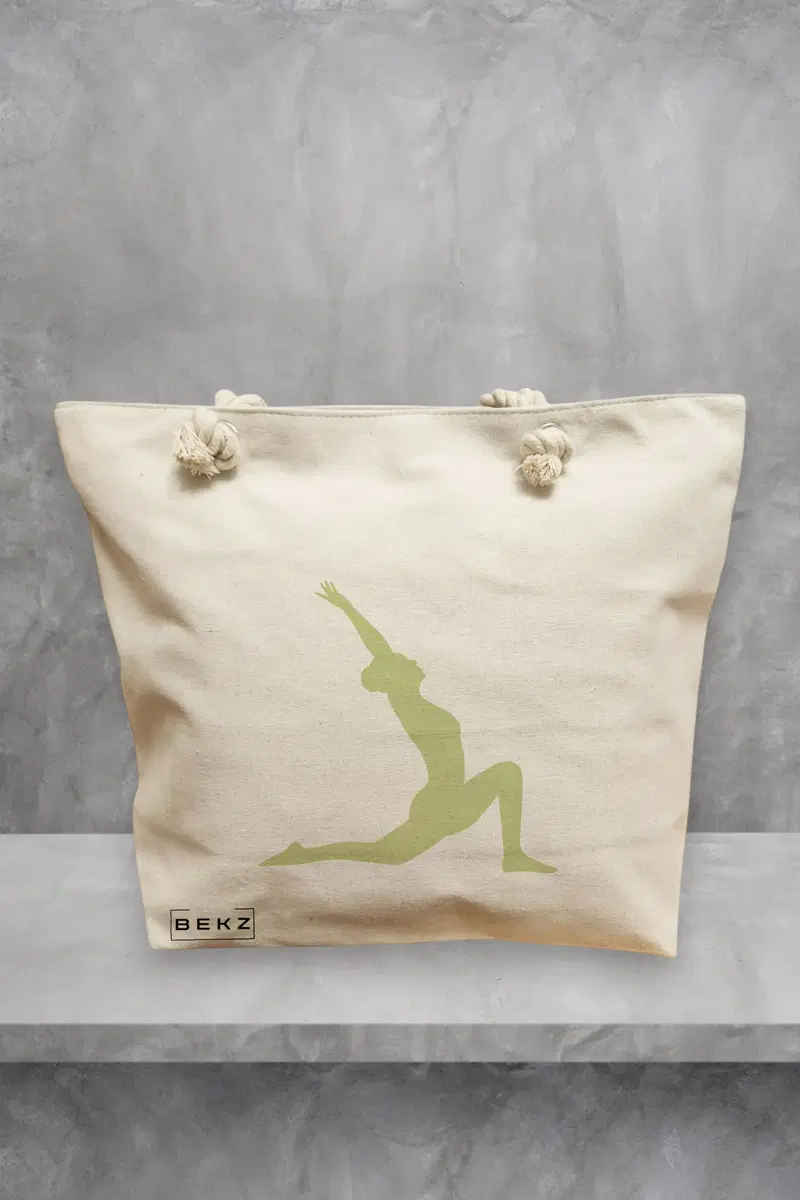 Geanta de Plaja Canvas Tote pentru femei Yoga 2, 40x51 cm, Bej, BEKZ®