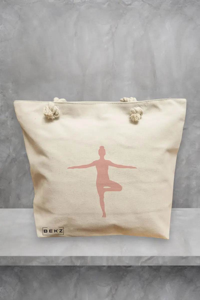 Geanta de Plaja Canvas Tote pentru femei Yoga 4, 40x51 cm, Bej, BEKZ®