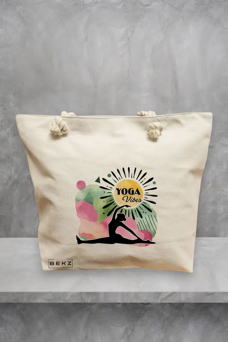 Geanta de Plaja Canvas Tote pentru femei Yoga Vibes, 40x51 cm, Bej, BEKZ®