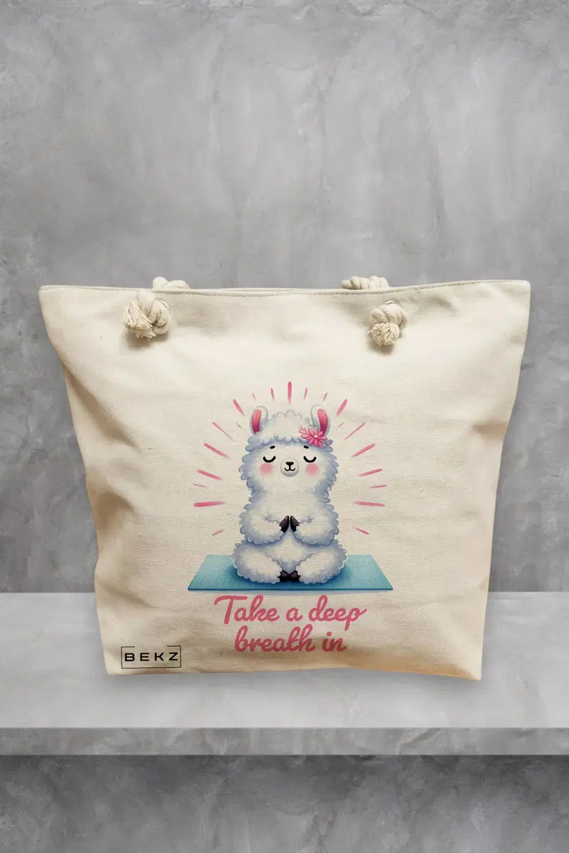Geanta de Plaja Canvas Tote pentru femei Yoga Take a deep breath in, 40x51 cm, Bej, BEKZ®