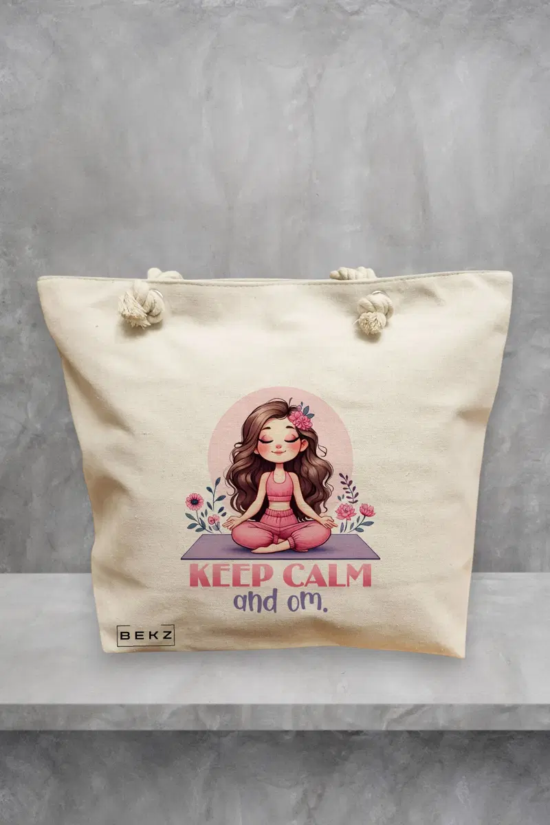 Geanta de Plaja Canvas Tote pentru femei Yoga Keep calm and Om, 40x51 cm, Bej, BEKZ®