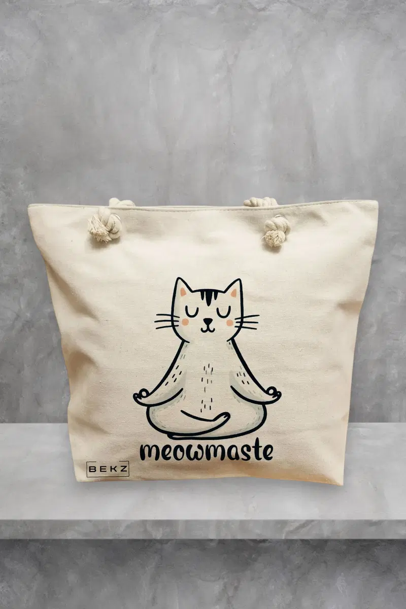 Geanta de Plaja Canvas Tote pentru femei Yoga Meowmaste, 40x51 cm, Bej, BEKZ®