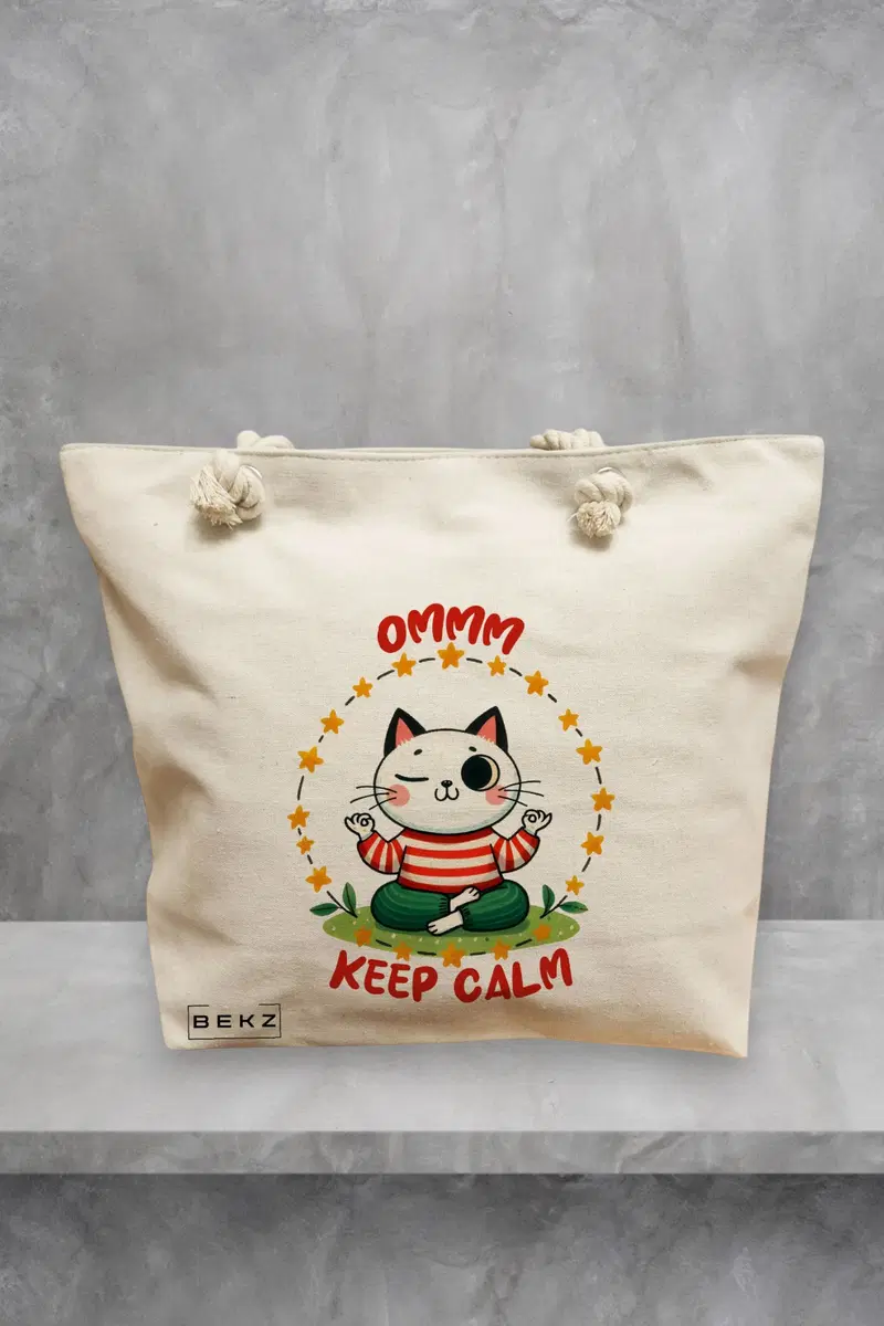 Geanta de Plaja Canvas Tote pentru femei Yoga Ommm Keep Calm, 40x51 cm, Bej, BEKZ®