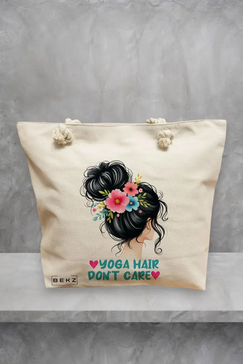 Geanta de Plaja Canvas Tote pentru femei Yoga Hair don't care, 40x51 cm, Bej, BEKZ®