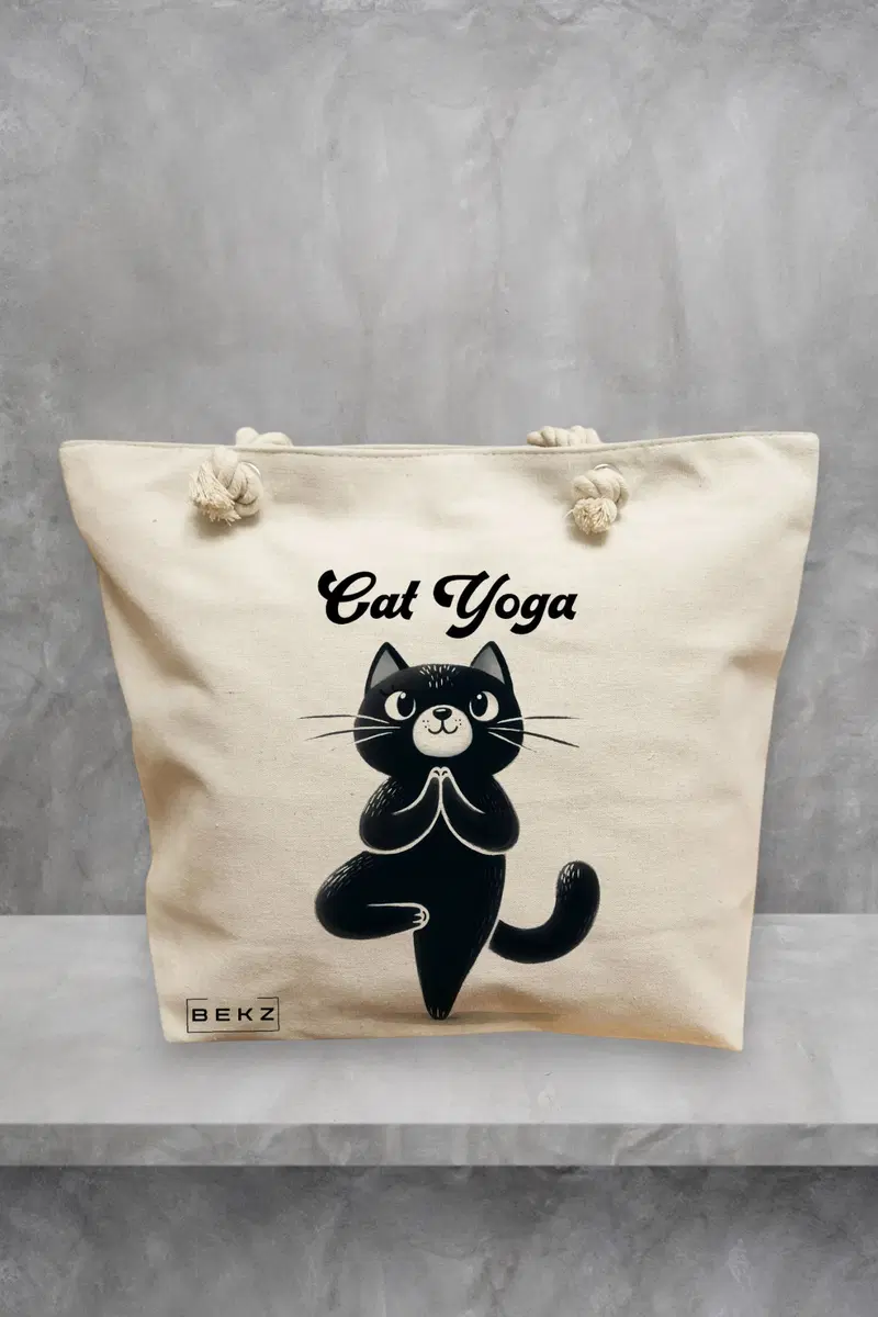 Geanta de Plaja Canvas Tote pentru femei Yoga Cat, 40x51 cm, Bej, BEKZ®