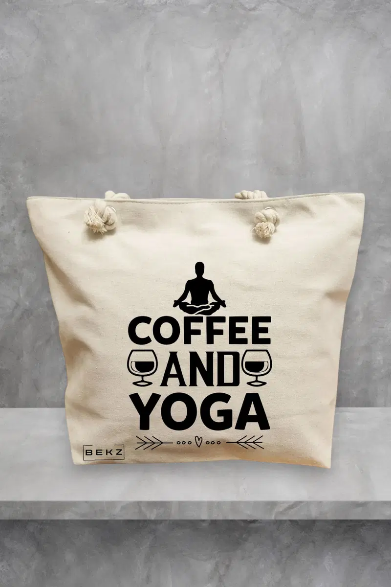 Geanta de Plaja Canvas Tote pentru femei Yoga Coffee and Yoga, 40x51 cm, Bej, BEKZ®