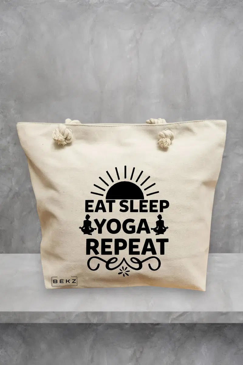 Geanta de Plaja Canvas Tote pentru femei Yoga Eat Sleap Yoga Repeat, 40x51 cm, Bej, BEKZ®