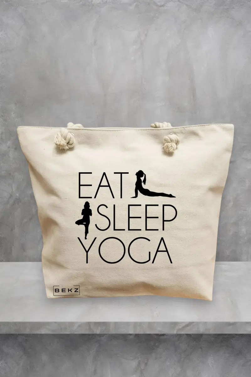 Geanta de Plaja Canvas Tote pentru femei Yoga Eat Sleep Yoga, 40x51 cm, Bej, BEKZ®