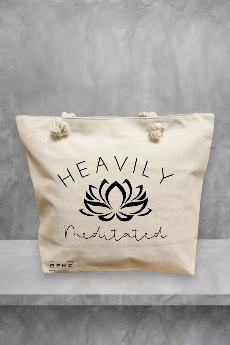 Geanta de Plaja Canvas Tote pentru femei Yoga Havily Meditated, 40x51 cm, Bej, BEKZ®