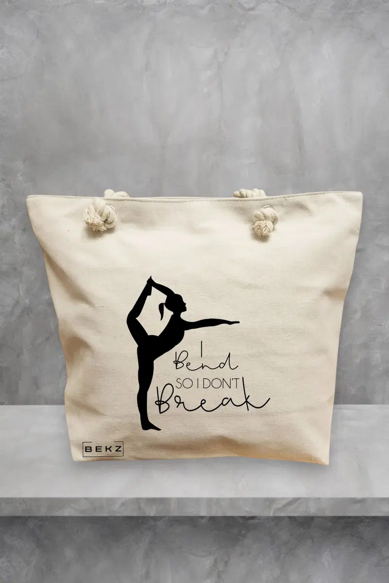 Geanta de Plaja Canvas Tote pentru femei Yoga I bend so I don't break, 40x51 cm, Bej, BEKZ®