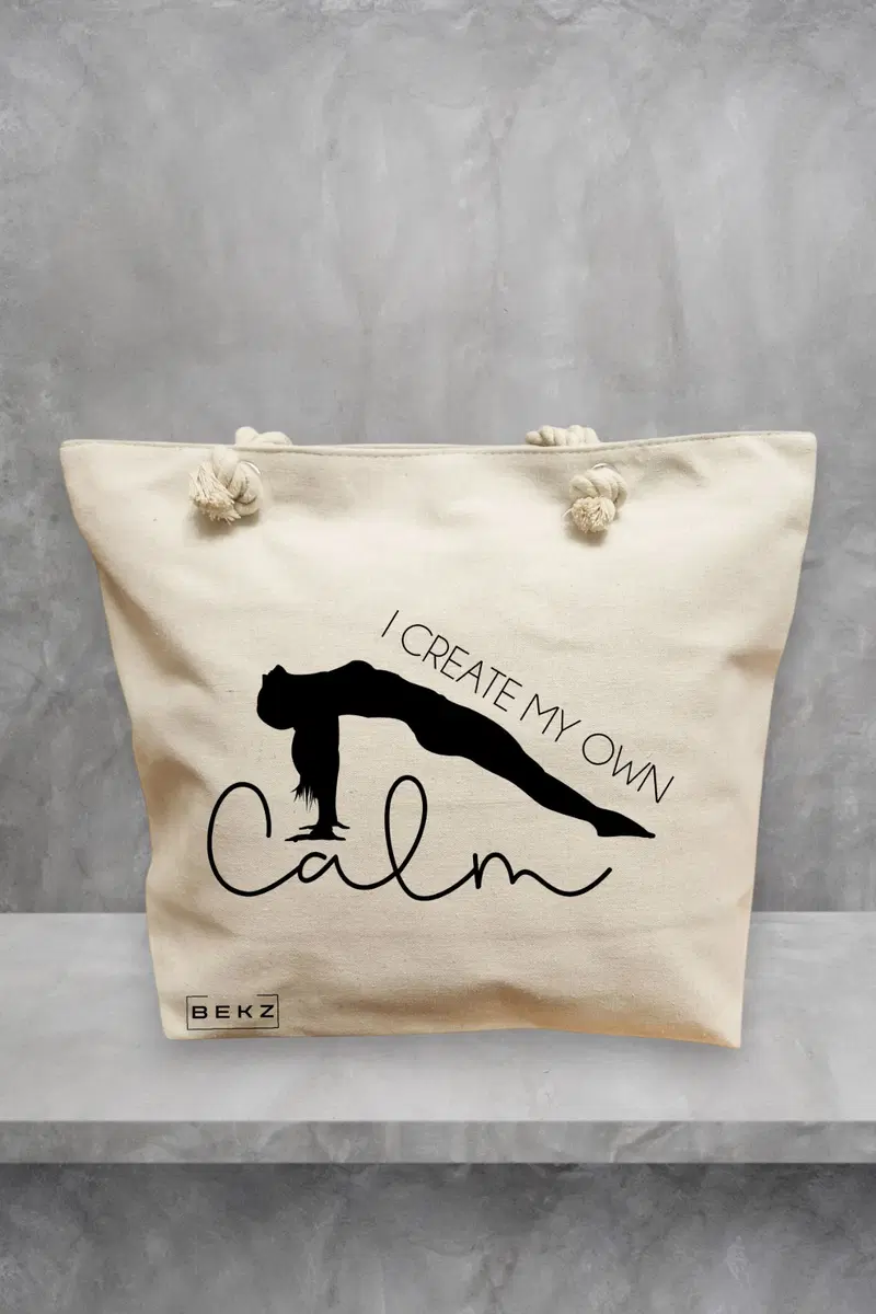 Geanta de Plaja Canvas Tote pentru femei Yoga I create my own calm, 40x51 cm, Bej, BEKZ®