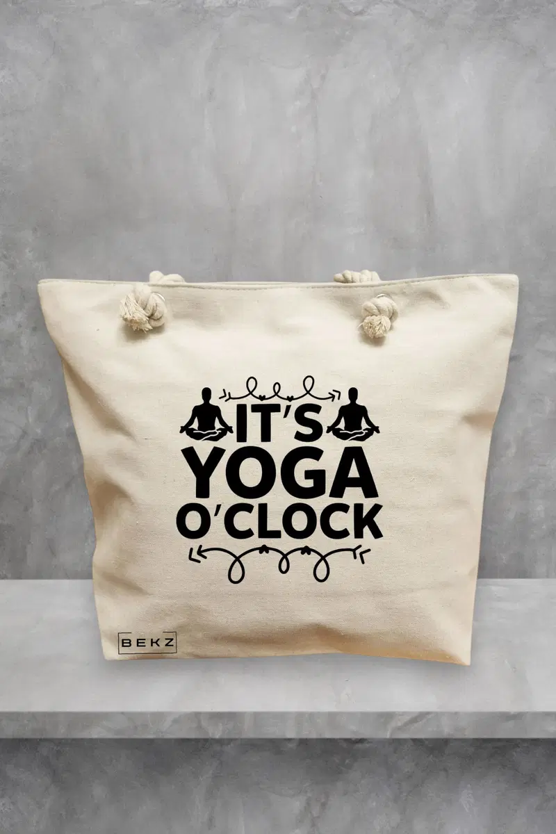 Geanta de Plaja Canvas Tote pentru femei Yoga It's yoga o'clock, 40x51 cm, Bej, BEKZ®