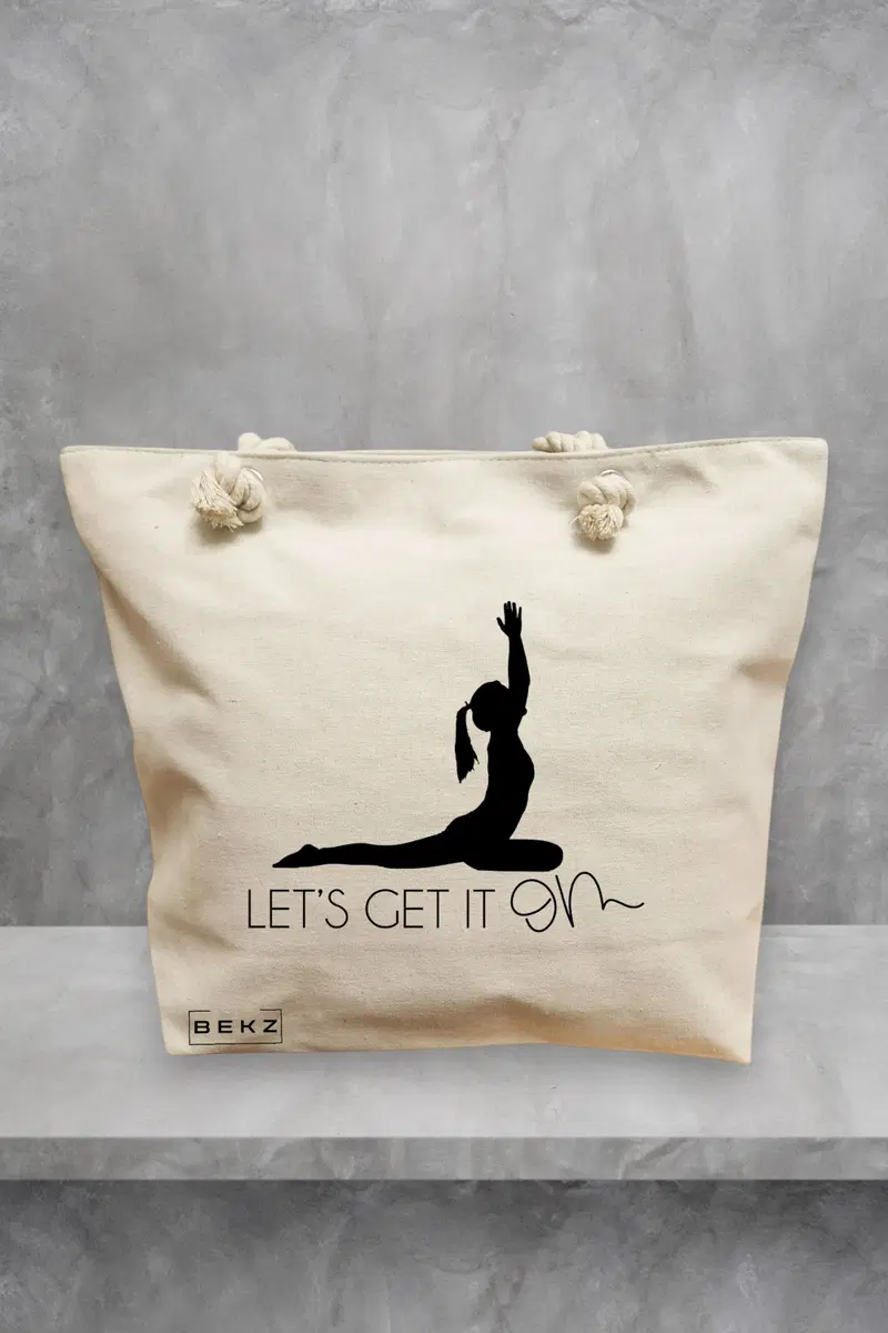 Geanta de Plaja Canvas Tote pentru femei Yoga Let's get it on, 40x51 cm, Bej, BEKZ®