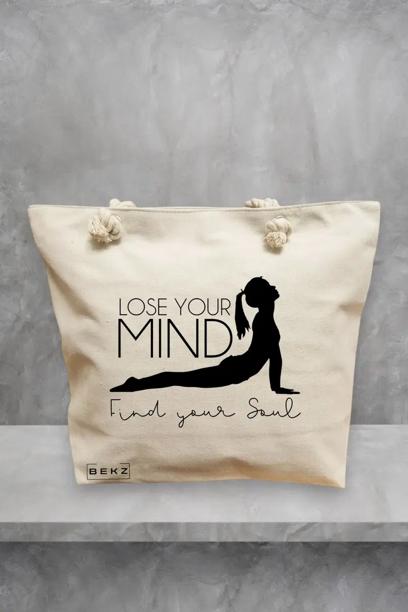 Geanta de Plaja Canvas Tote pentru femei Yoga Lose your mind Find your soul, 40x51 cm, Bej, BEKZ®