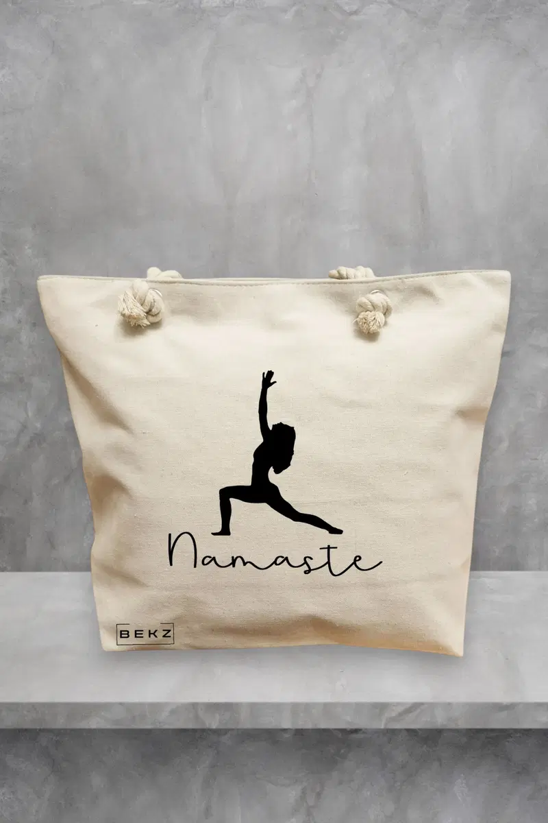Geanta de Plaja Canvas Tote pentru femei Yoga Namaste, 40x51 cm, Bej, BEKZ®