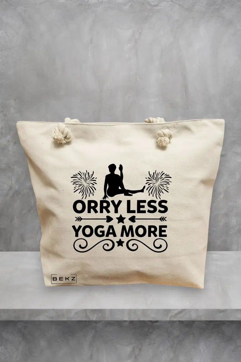 Geanta de Plaja Canvas Tote pentru femei Yoga Orry less yoga more, 40x51 cm, Bej, BEKZ®