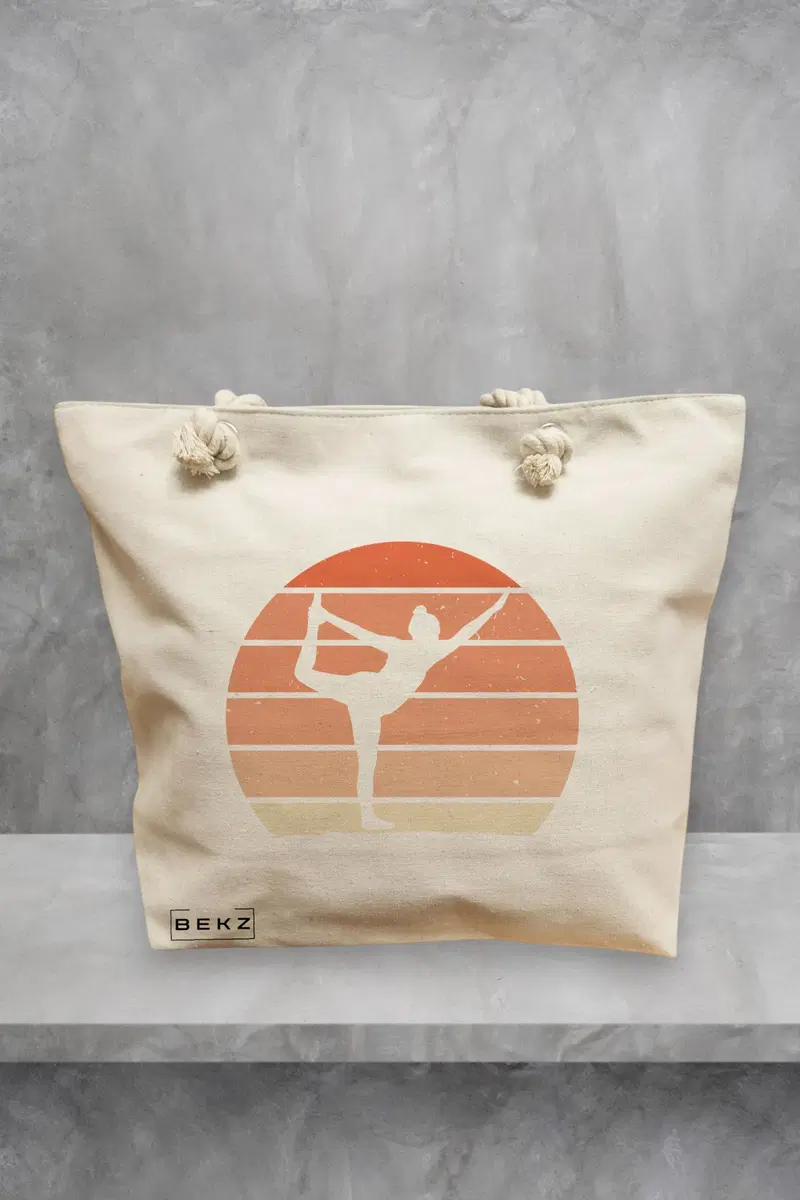 Geanta de Plaja Canvas Tote pentru femei Yoga 6, 40x51 cm, Bej, BEKZ®